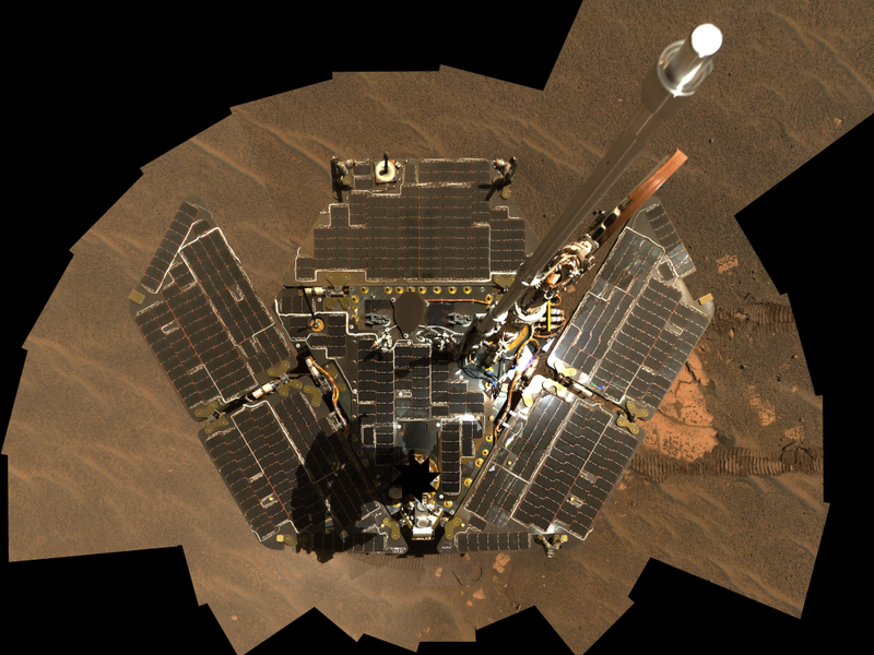 Mosaic selfie shows Opportunity’s dust-free solar panels in December 2004.